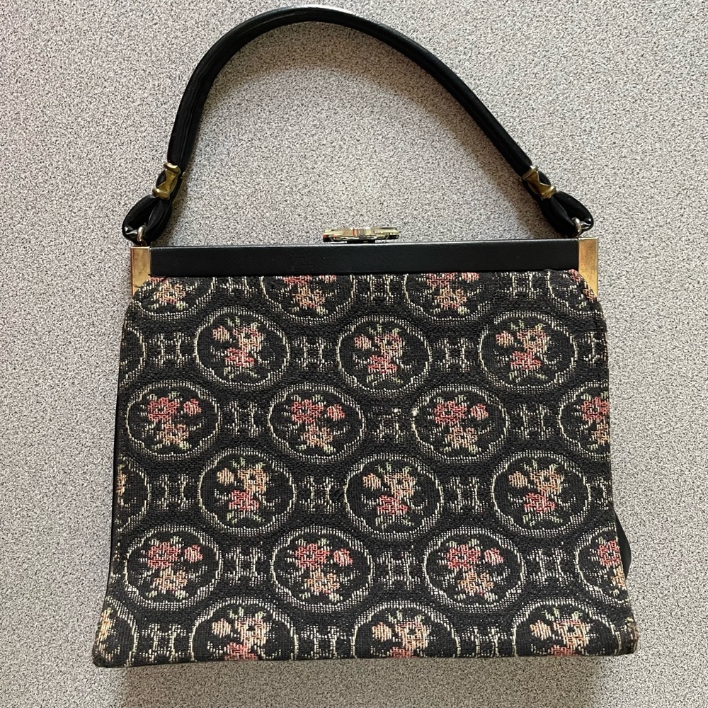 Tapestry Black Leather Trim Handbag